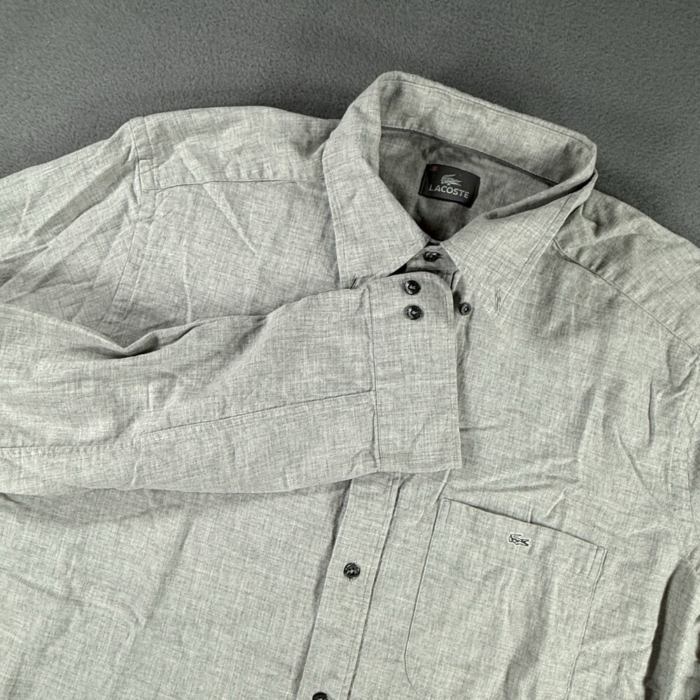 Lacoste Button Down Shirt Mens Large Gray Solid Long Sleeve Cotton Logo